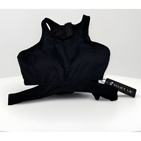 Women's Small Black Back Zipper Bathing Suit Swimwear Top with Wrap Around Strap - Picture 1 of 9